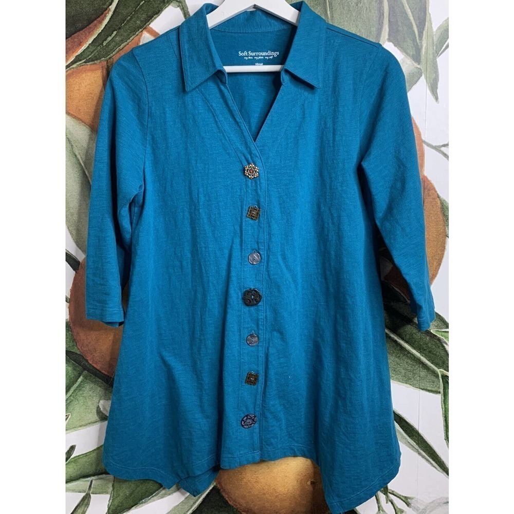Soft Surroundings XS Danielle Button Top 3/4 Sleeves Bountiful Buttons Cotton